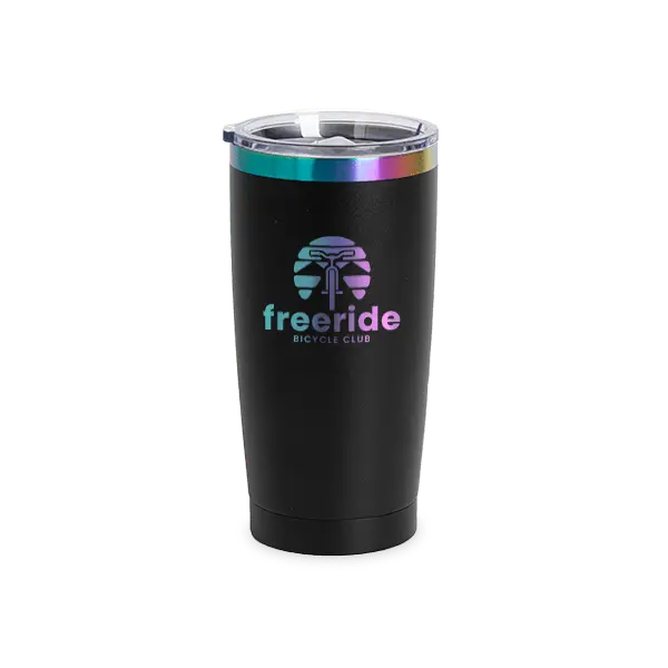 20oz stainless steel insulated tumbler with holographic rainbow engraving and bicycle club logo by Winks Design Studio, LLC