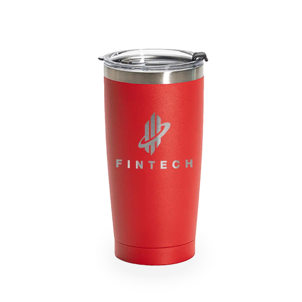 Red 20oz stainless steel insulated tumbler with Fintech logo, custom powder-coated drinkware by Winks Design Studio, LLC.