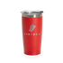 Red 20oz stainless steel insulated tumbler with Fintech logo, custom powder-coated drinkware by Winks Design Studio, LLC.
