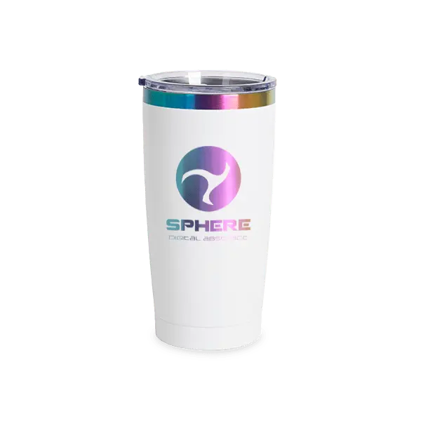 20oz stainless steel insulated tumbler with holographic rainbow engraving and sphere logo by Winks Design Studio, LLC.