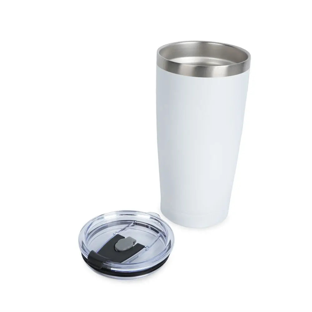 White 20oz stainless steel insulated tumbler from Winks Design Studio with custom powder coating and engraved design, lid off.
