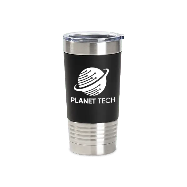 Black 20oz tumbler with silicone sleeve and Winks Design Studio logo, designed for hot and cold beverages.