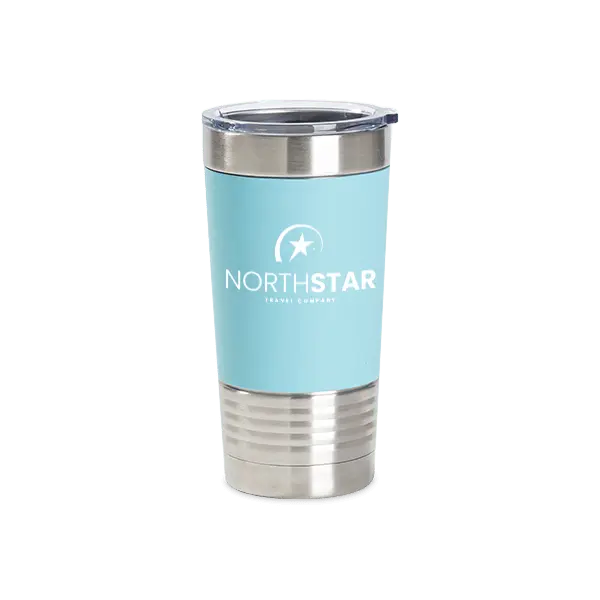 Light-blue 20oz tumbler with silicone sleeve by Winks Design Studio, LLC, featuring a custom logo on the side.