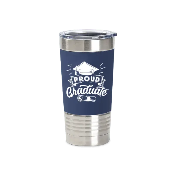 Navy blue 20oz tumbler with silicone sleeve from Winks Design Studio, LLC, featuring a graduate design on the surface.