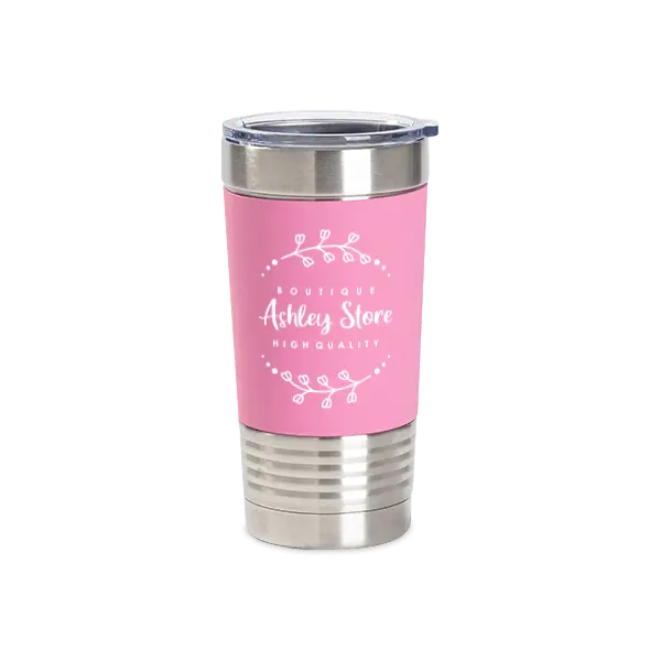 Pink 20oz tumbler with Winks Design Studio LLC logo and silicone sleeve for easy grip and added protection.