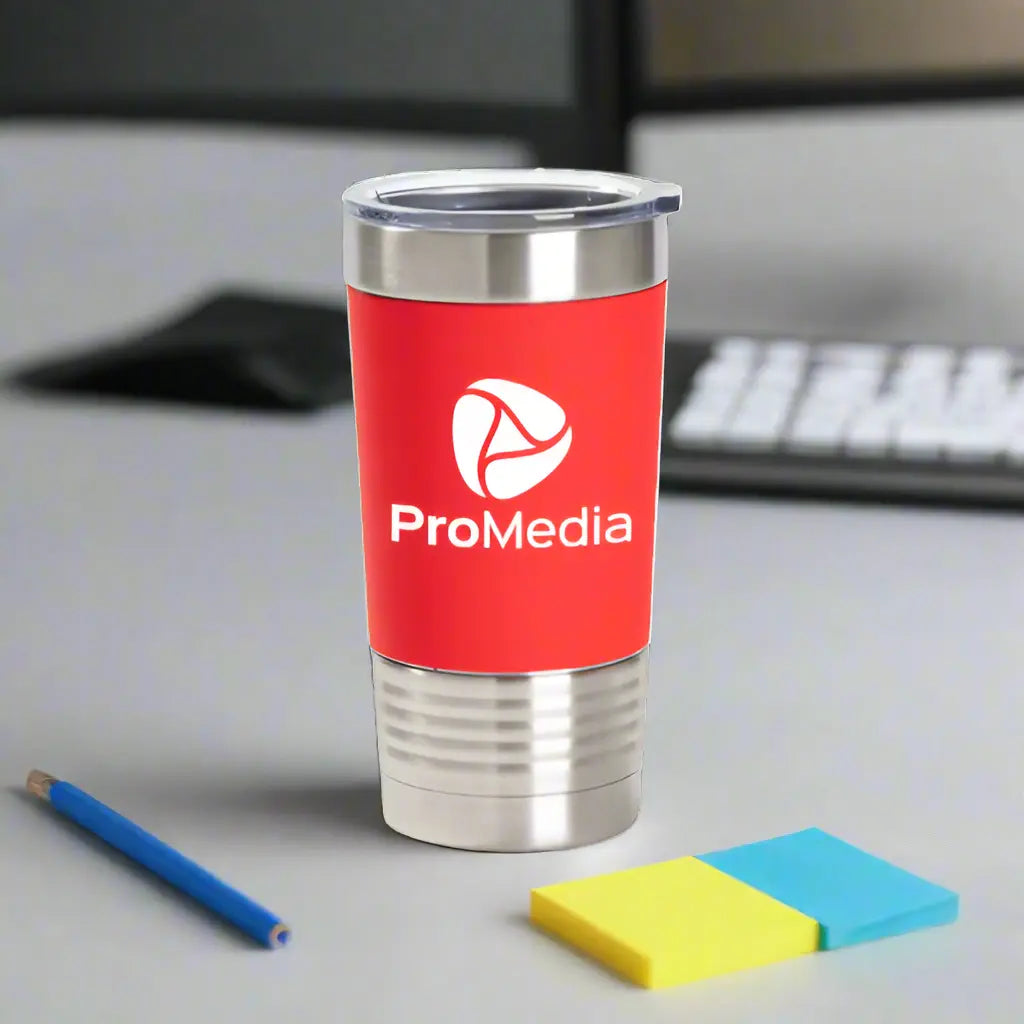 Red 20oz tumbler with silicone sleeve, featuring Winks Design Studio LLC logo for personalized drinkware.
