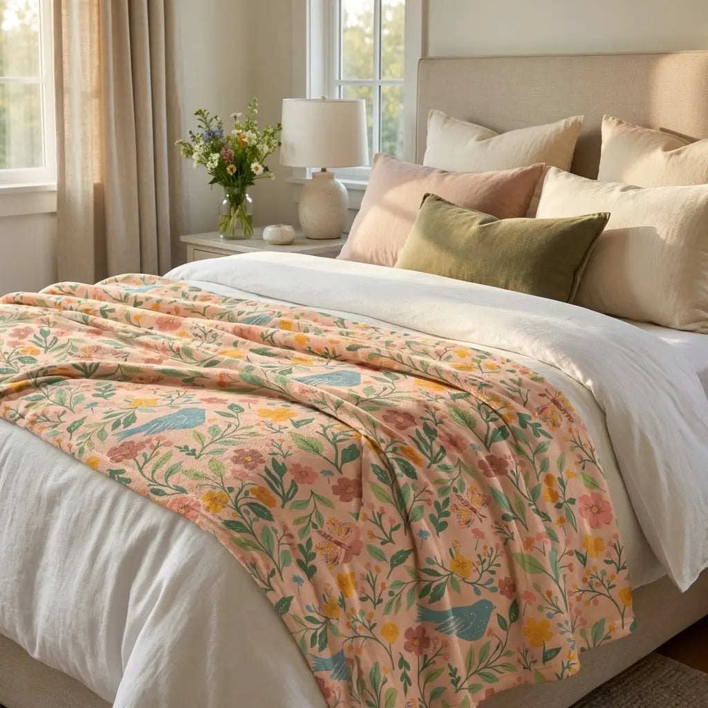 Winks Design Studio fleece blanket featuring a whimsical storybook garden design, soft and cozy for comfortable lounging.