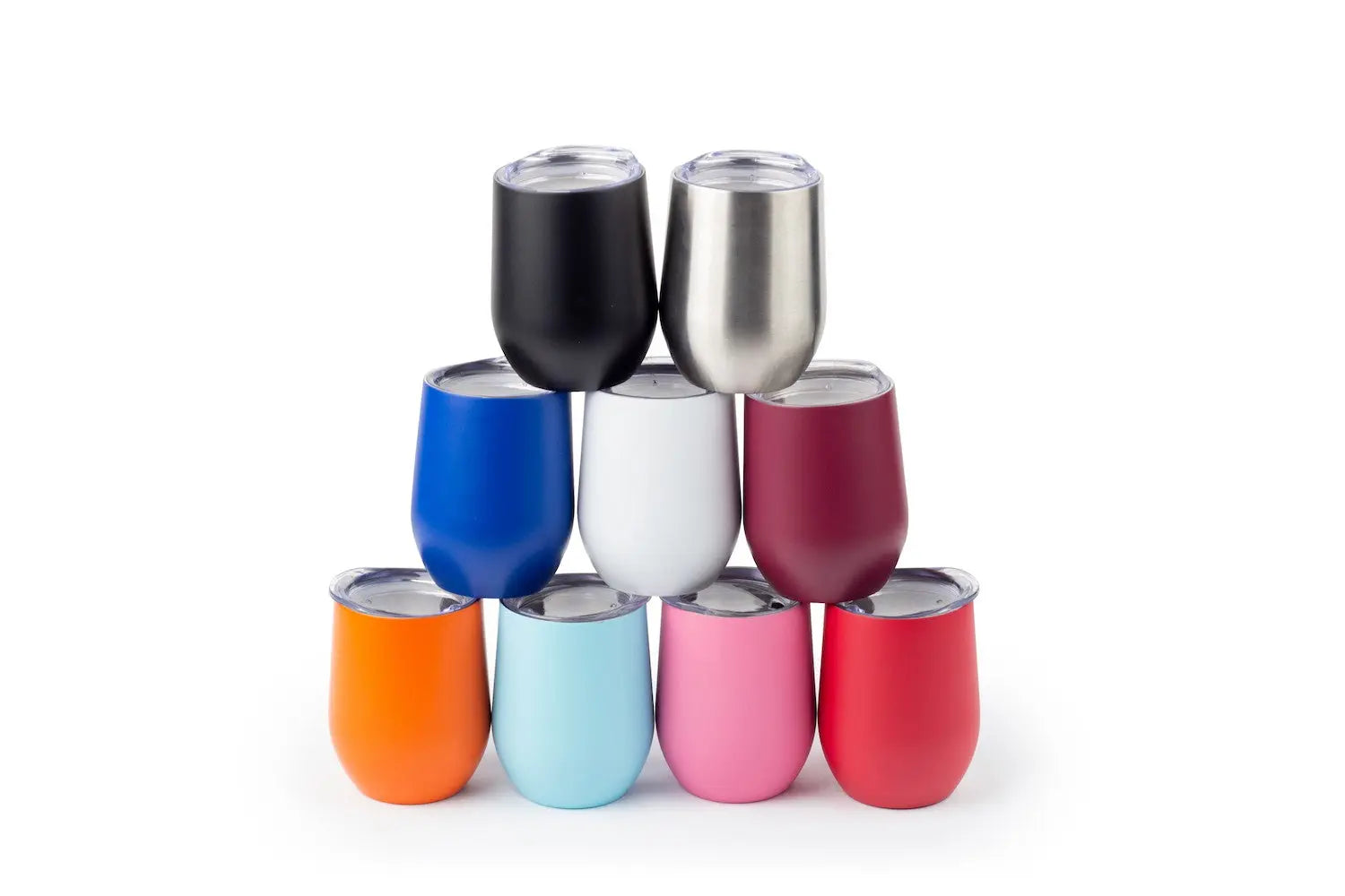 Custom 12oz stemless wine glass from Winks Design Studio, LLC, featuring a clear glass wine cup with a modern design.