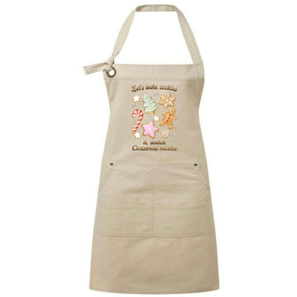 Christmas cookie baking apron by Winks Design Studio, LLC with festive holiday print and adjustable neck strap.