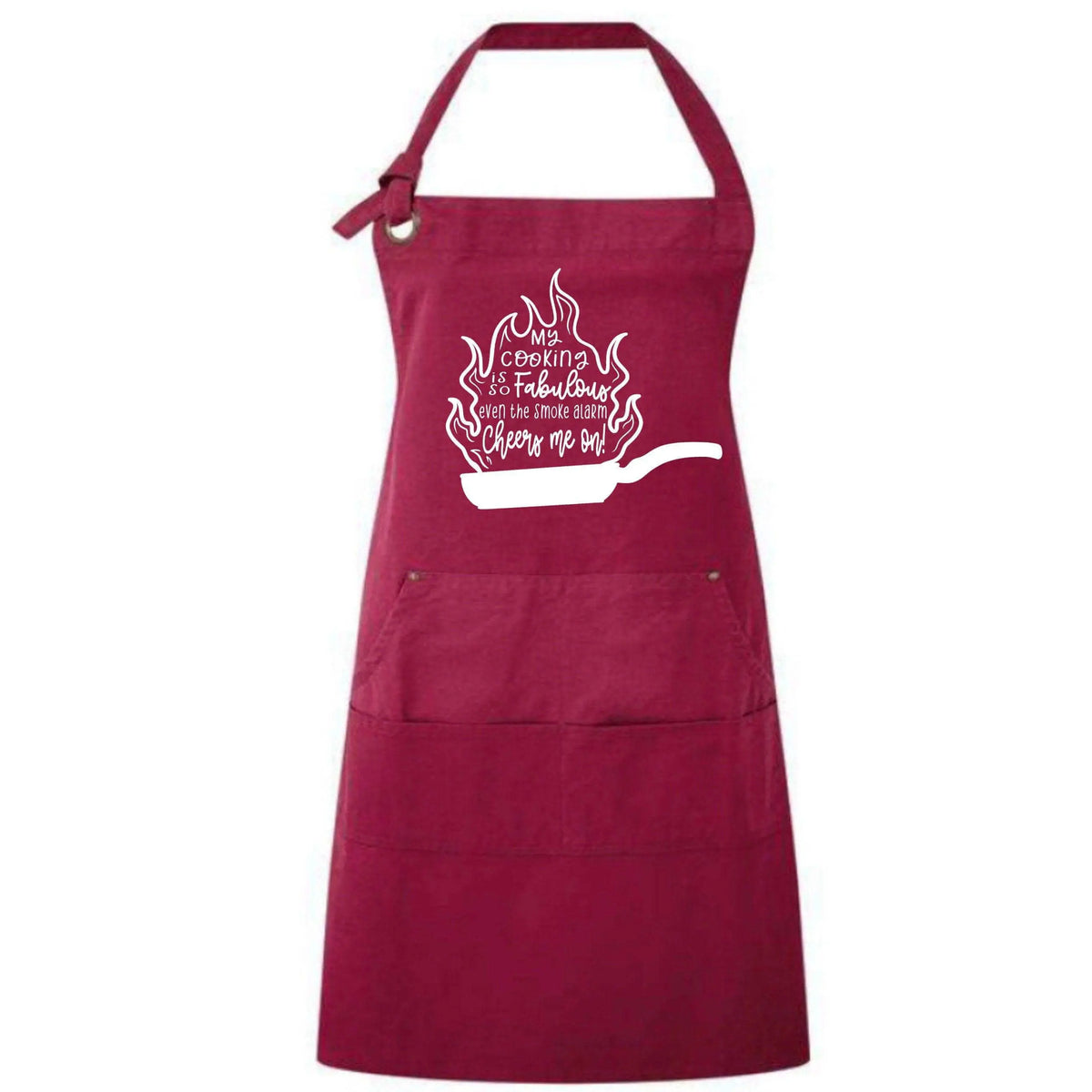 Winks Design Studio LLC apron with humorous "My Cooking Is So Fabulous Even The Smoke Detector Cheers Me On" text, ideal for cooking.