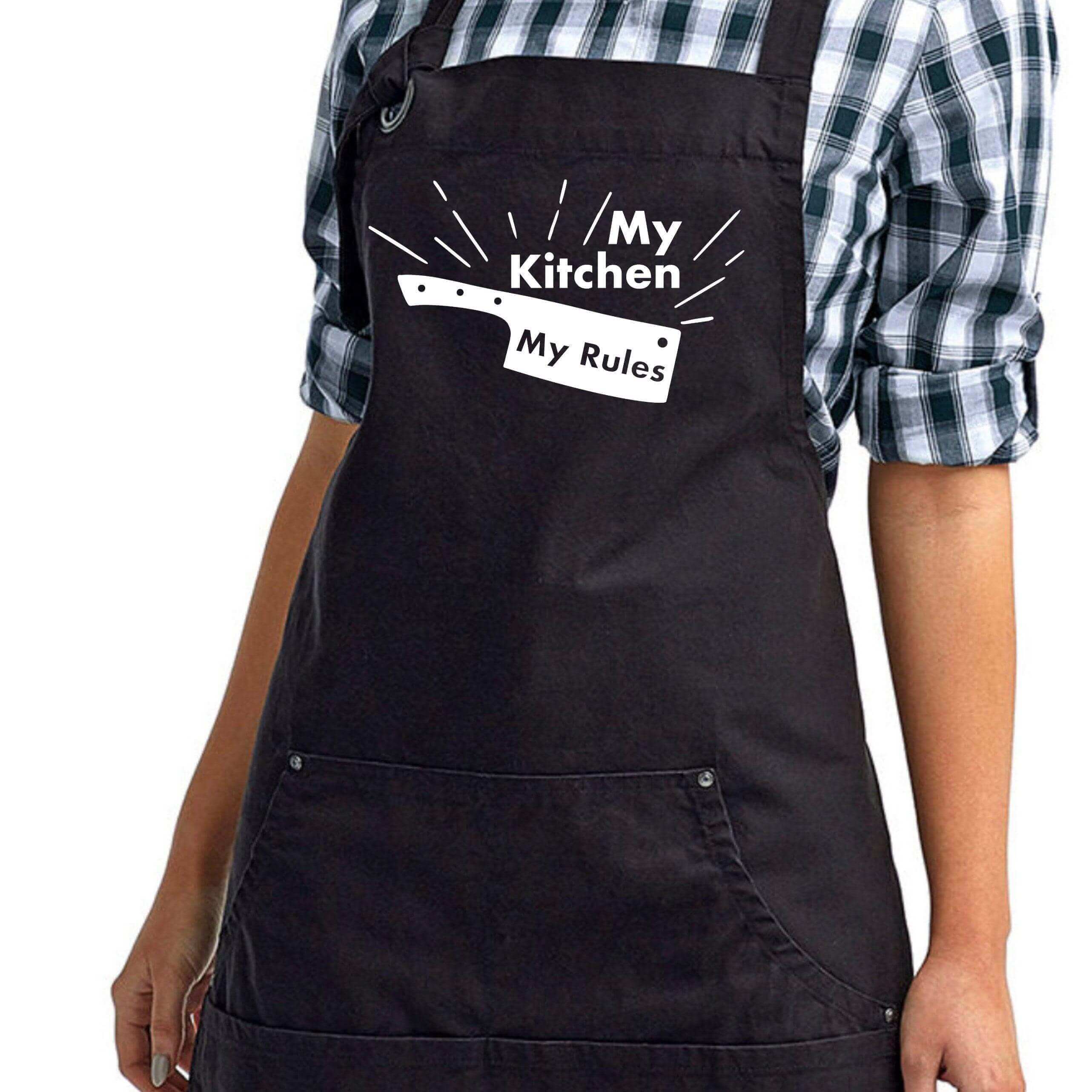 Full-length "My Kitchen My Rules" apron by Winks Design Studio, LLC, featuring a stylish design and adjustable ties.