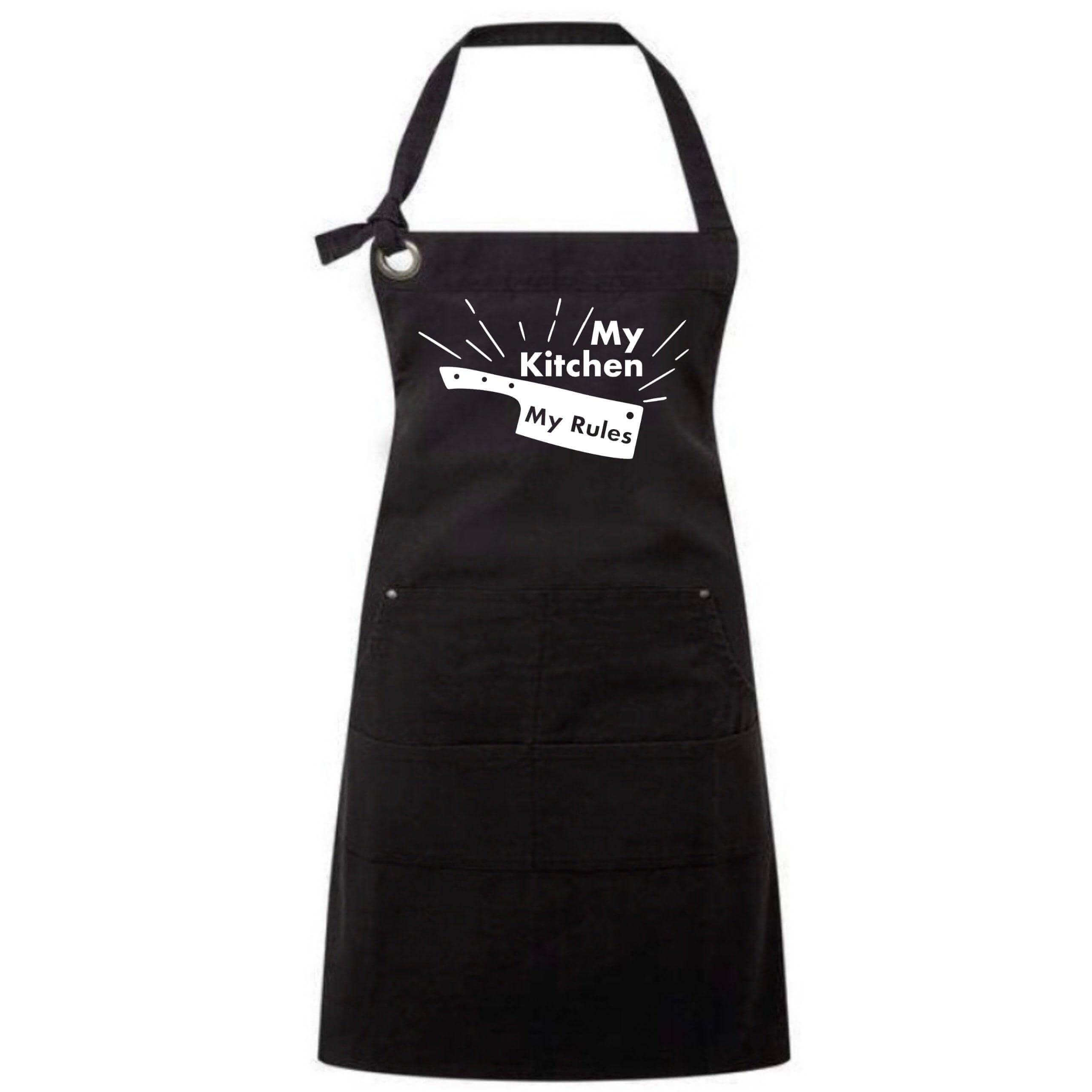 Full-length "My Kitchen My Rules" apron by Winks Design Studio, LLC, featuring a stylish design and adjustable straps.