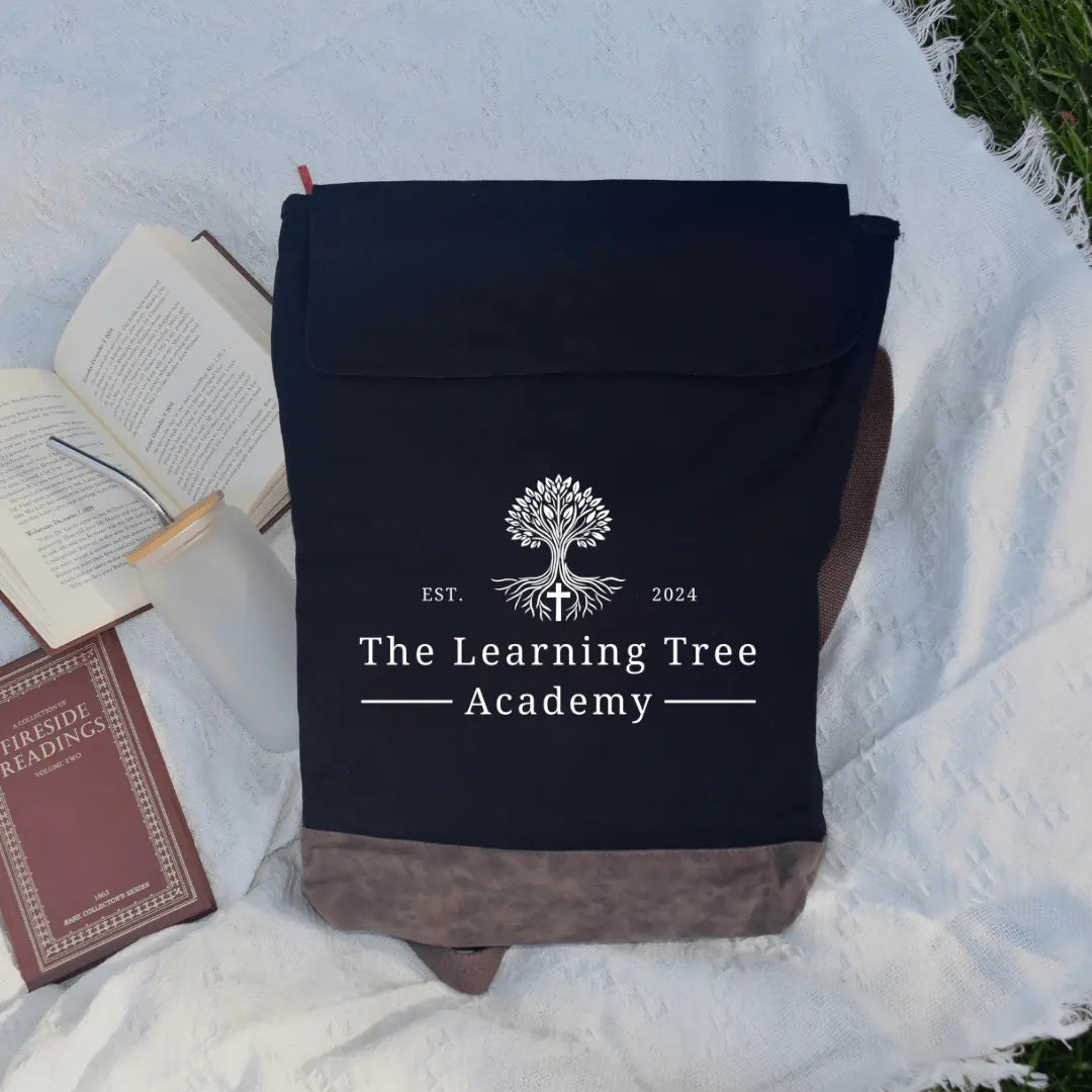 Beige Winks Design Studio The Learning Tree Academy Rucksack backpack with adjustable straps and front pocket for kids.