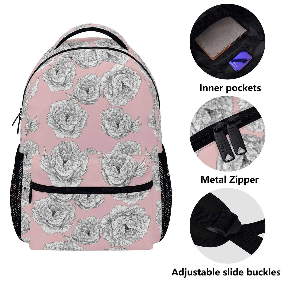 Pink peony flower backpack by Winks Design Studio, LLC, featuring a vibrant floral design on a stylish backpack.