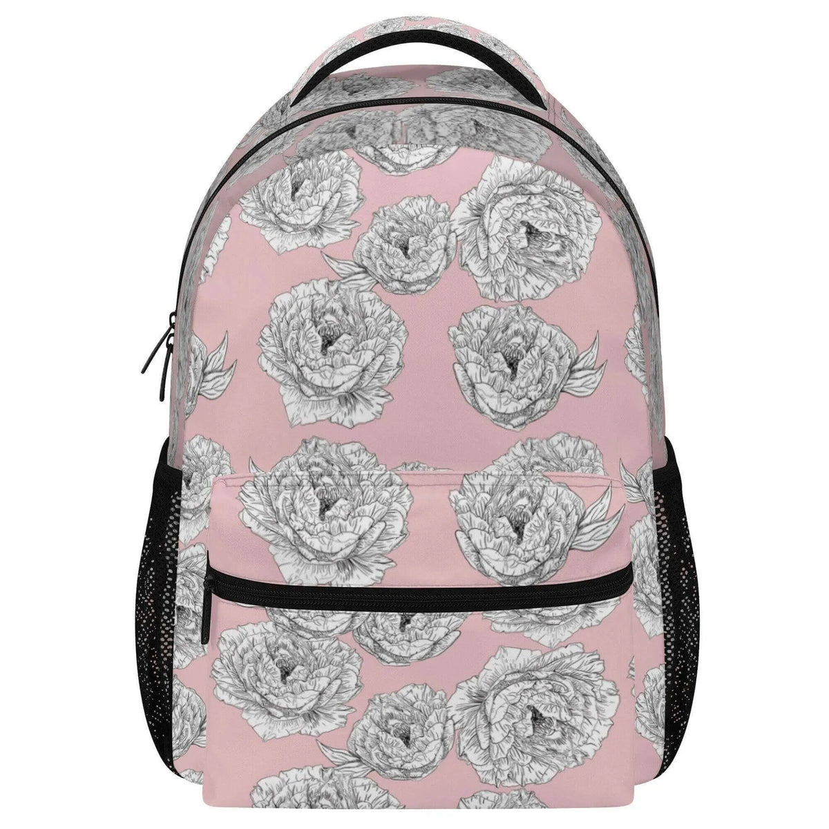 Pink Peony Flower backpack by Winks Design Studio, LLC featuring vibrant peony floral design and adjustable straps.