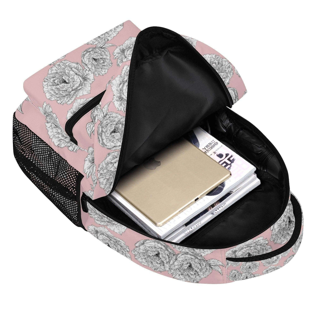 Pink Peony Flower backpack by Winks Design Studio, LLC featuring vibrant peony print, stylish and functional for everyday use.