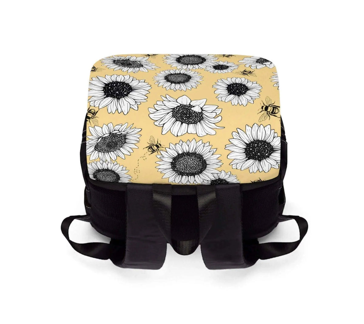 Sunflower laptop backpack by Winks Design Studio, LLC featuring vibrant sunflower pattern and padded straps for daily use.