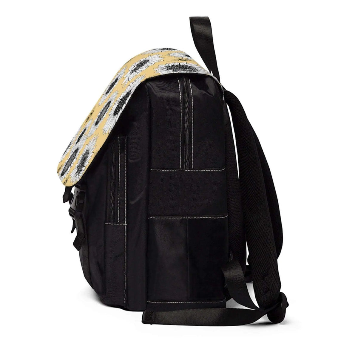 Sunflower-patterned laptop backpack by Winks Design Studio, LLC with adjustable straps and multiple compartments for storage.