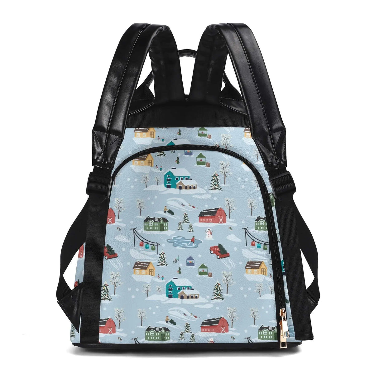 Winks Design Studio Christmas Village Travel Backpack showing festive holiday village design and adjustable straps.