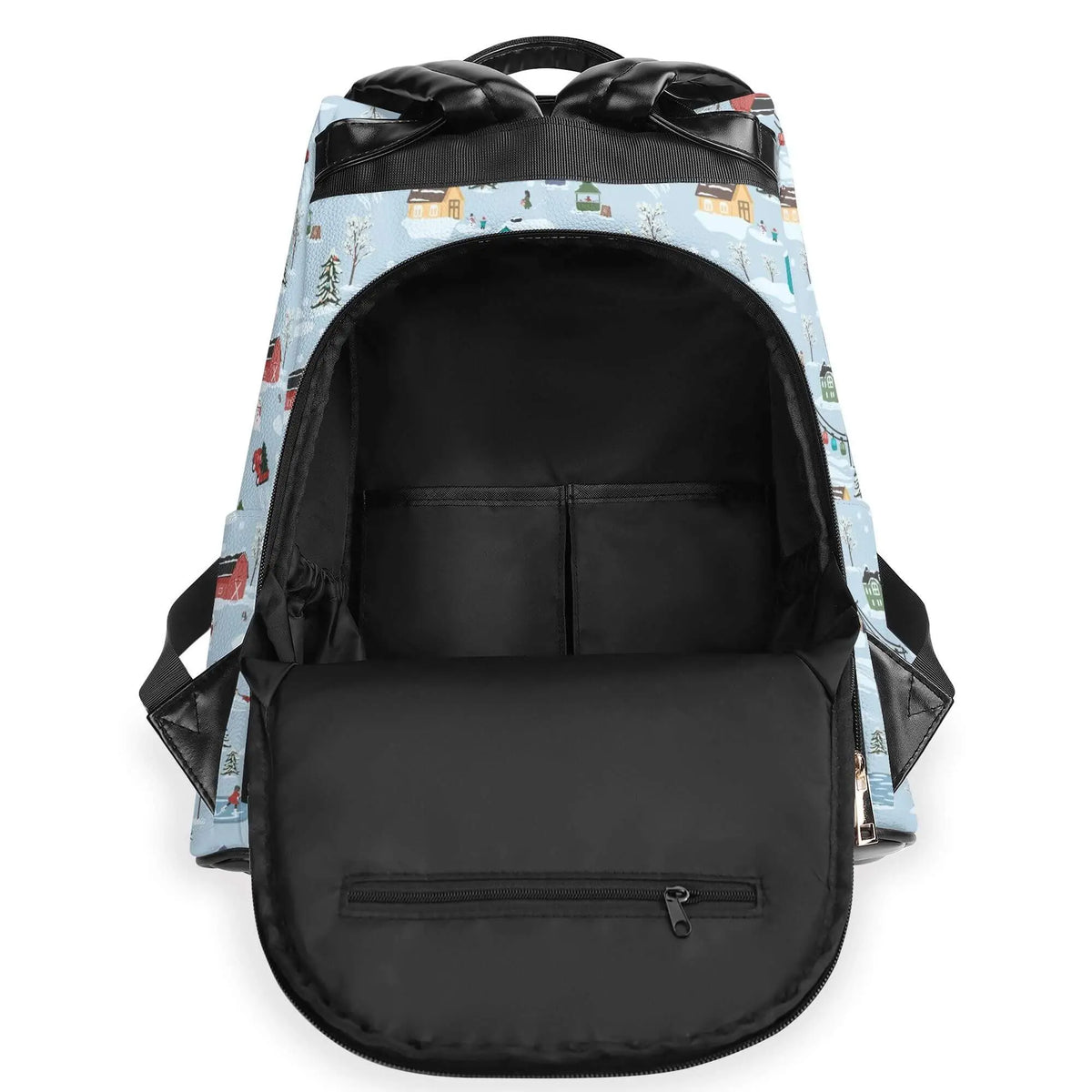 Winks Design Studio Christmas Village travel backpack with festive holiday village print, sturdy straps, and spacious interior.
