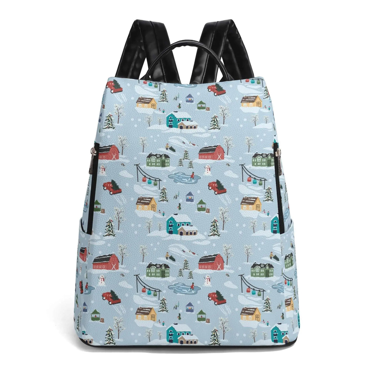 Winks Design Studio Christmas Village travel backpack, featuring festive holiday village design, durable straps, and spacious interior.
