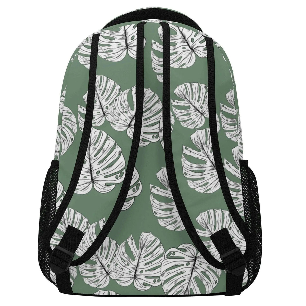 Green Monstera Leaves Backpack by Winks Design Studio, LLC, featuring vibrant tropical leaf pattern on durable fabric.