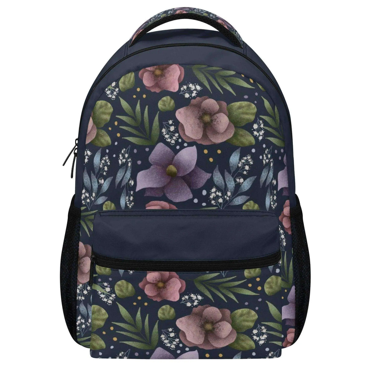 Purple Hydrangea Flower Backpack by Winks Design Studio, LLC featuring vibrant floral embroidery on a stylish backpack.