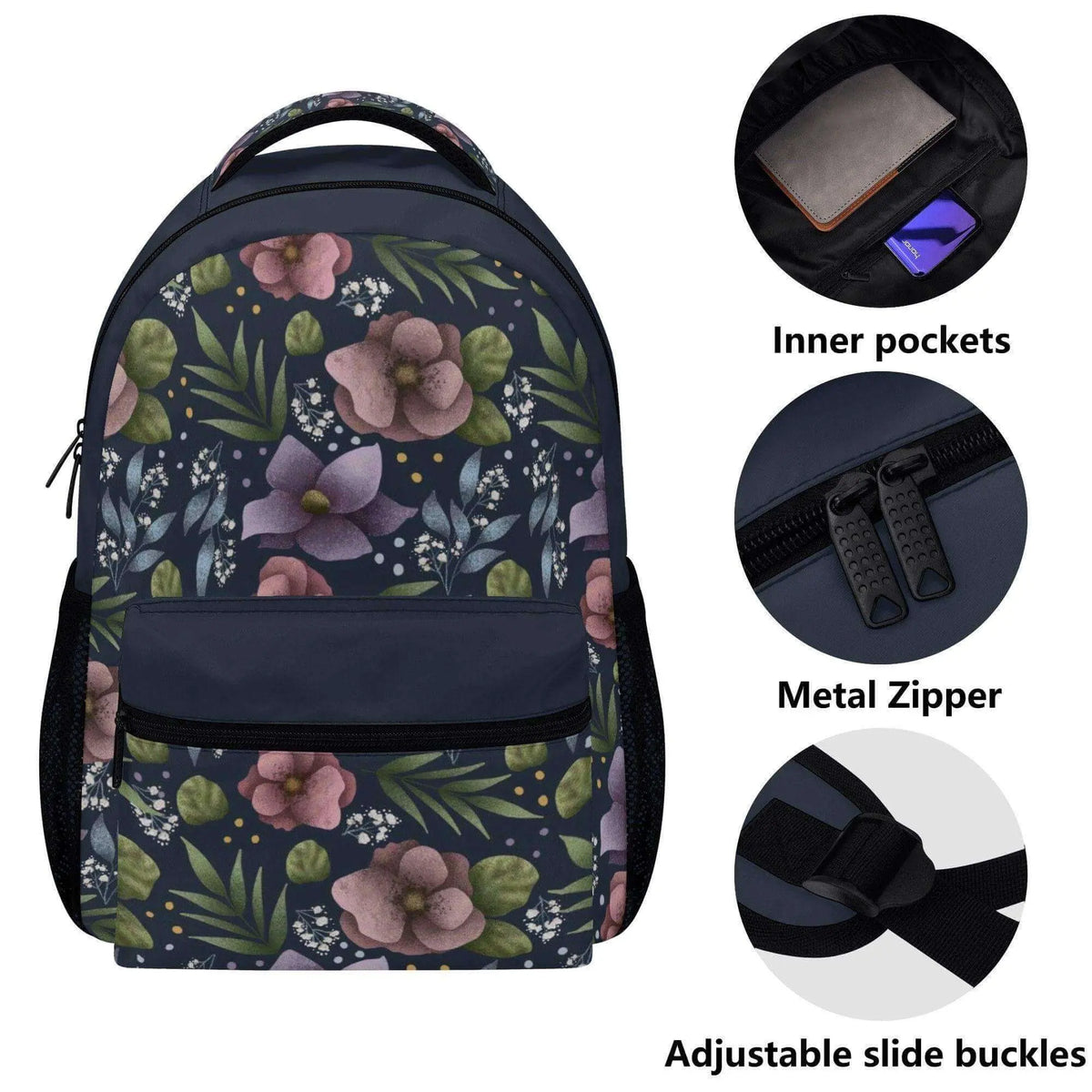 Purple Hydrangea Flower Backpack by Winks Design Studio, LLC, showing a stylish purple floral backpack with Hydrangea design.