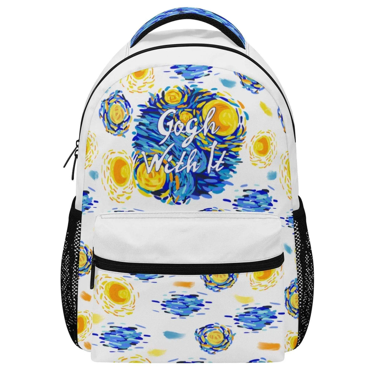 Winks Design Studio LLC The Starry Night Backpack featuring a vibrant, artistic starry night sky design on a durable backpack.