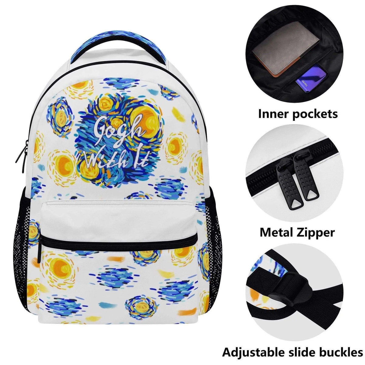 Winks Design Studio The Starry Night Backpack featuring a vibrant starry night sky and artistic design on durable backpack material.