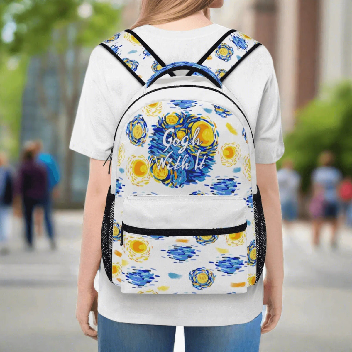 Winks Design Studio The Starry Night Backpack showcasing a night sky and starry design with adjustable straps and spacious interior.