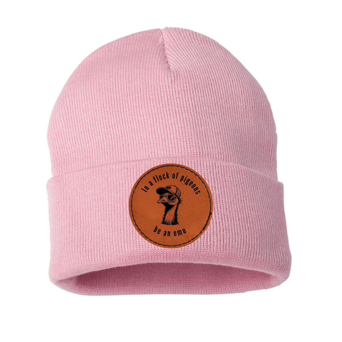 Green R &amp; R Leather Patch Beanie by Winks Design Studio, LLC, featuring a classic logo and cozy knit design.