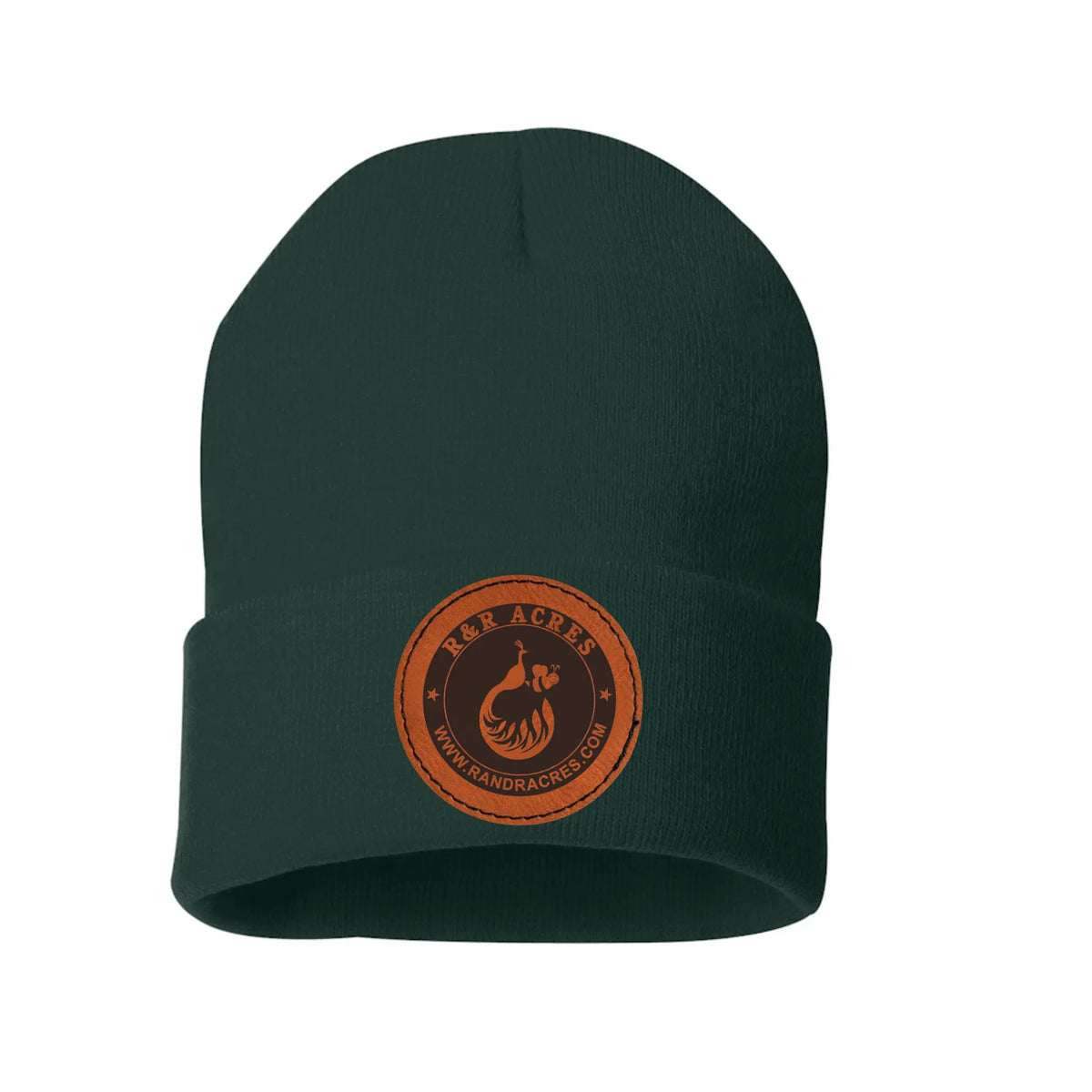 Green R &amp; R Leather Patch Beanie by Winks Design Studio, LLC with classic logo and cozy knit fabric.