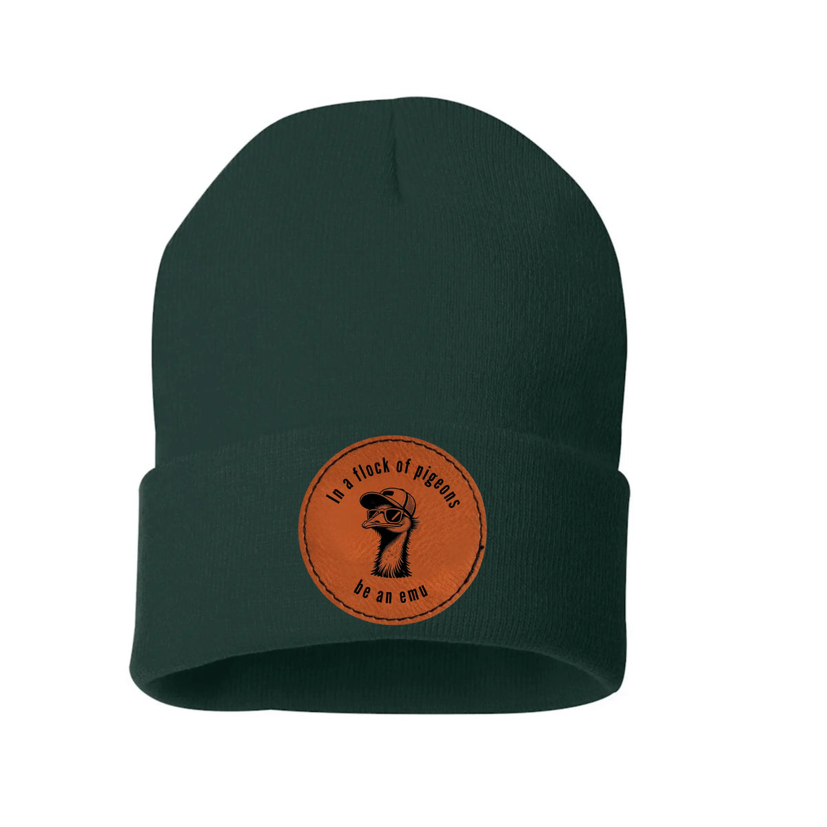 Green R &amp; R Leather Patch Beanie by Winks Design Studio, LLC featuring a classic beanie style with a leather logo patch.