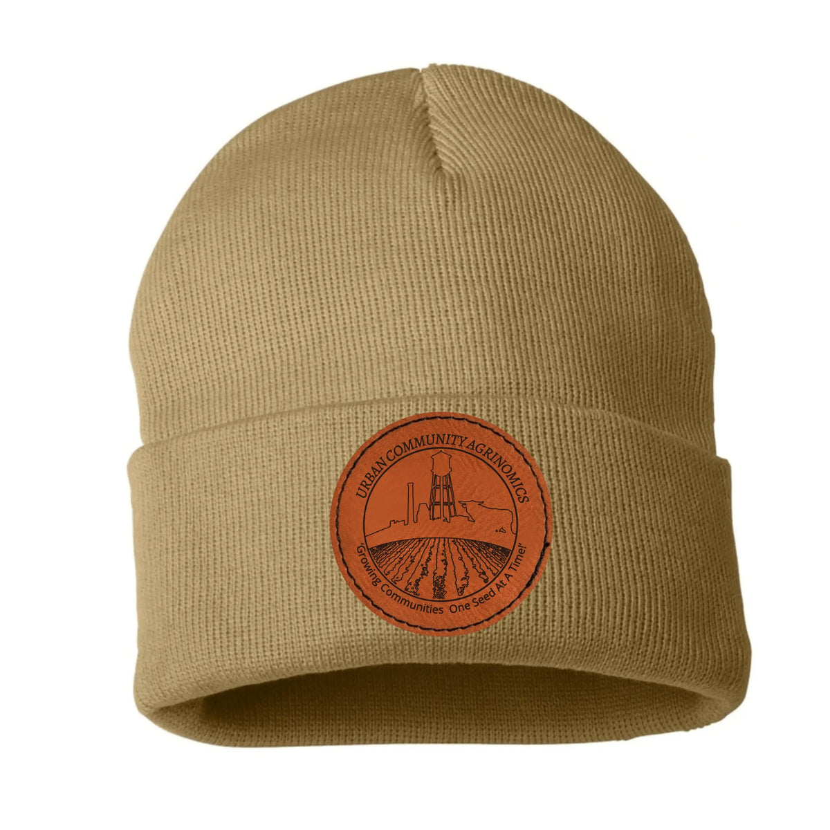 Green UCAN Leather Patch Beanie by Winks Design Studio, LLC featuring a stylish leather patch on soft knit fabric.