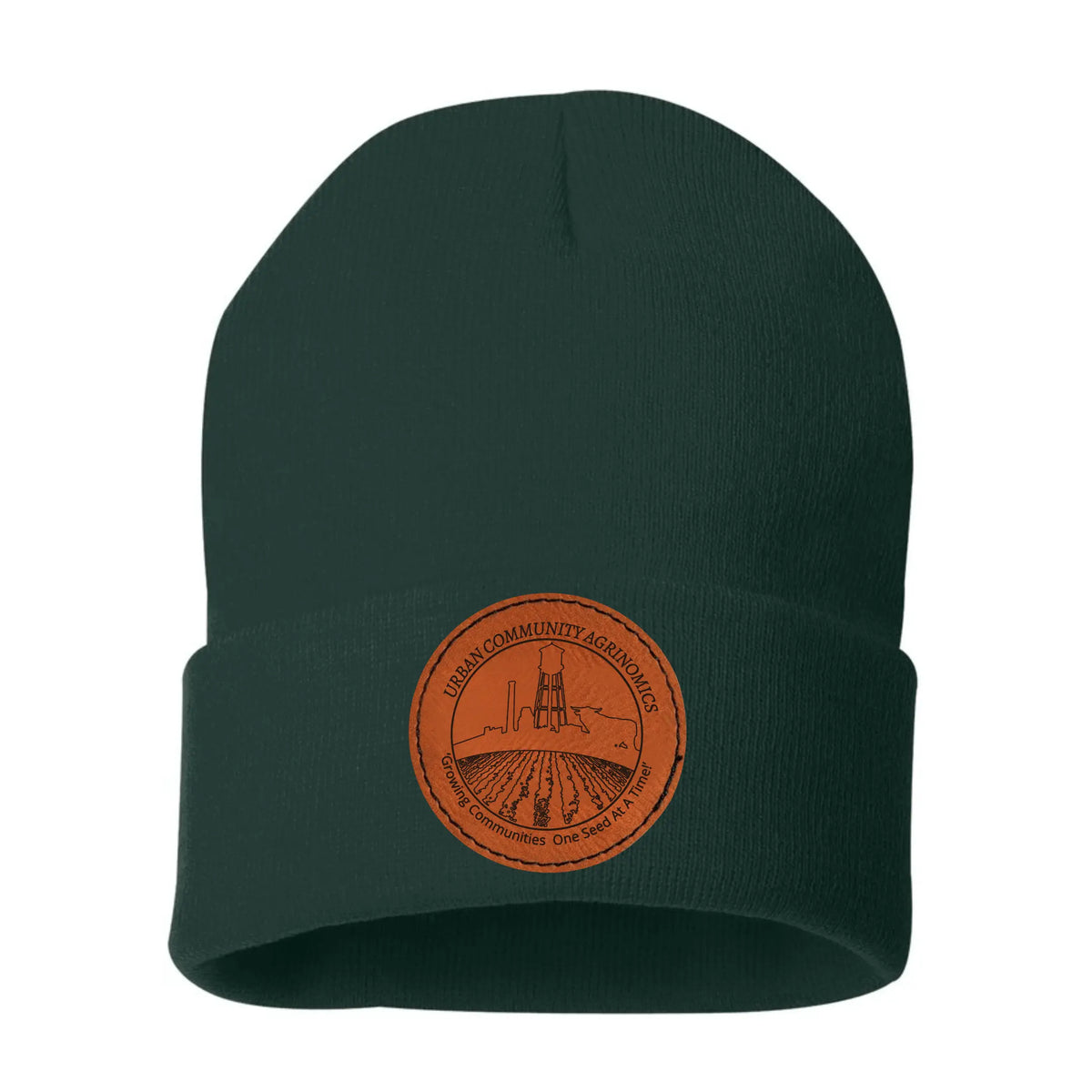 Green UCAN Leather Patch Beanie by Winks Design Studio, LLC featuring a stylish leather patch on a cozy knit hat.