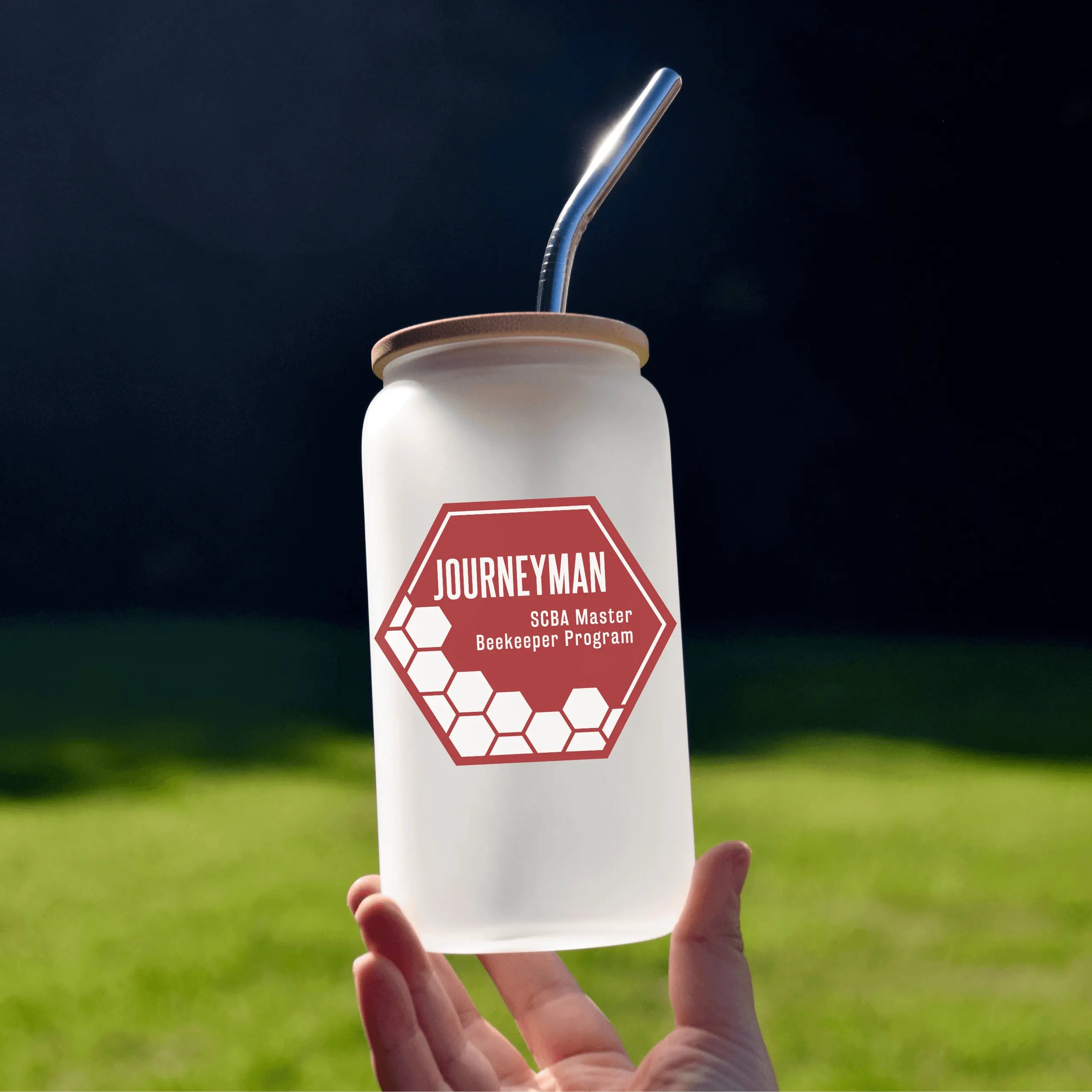Winks Design Studio LLC beer glass featuring the SCBA Master Program logo, clear glass can design, and detailed branding.