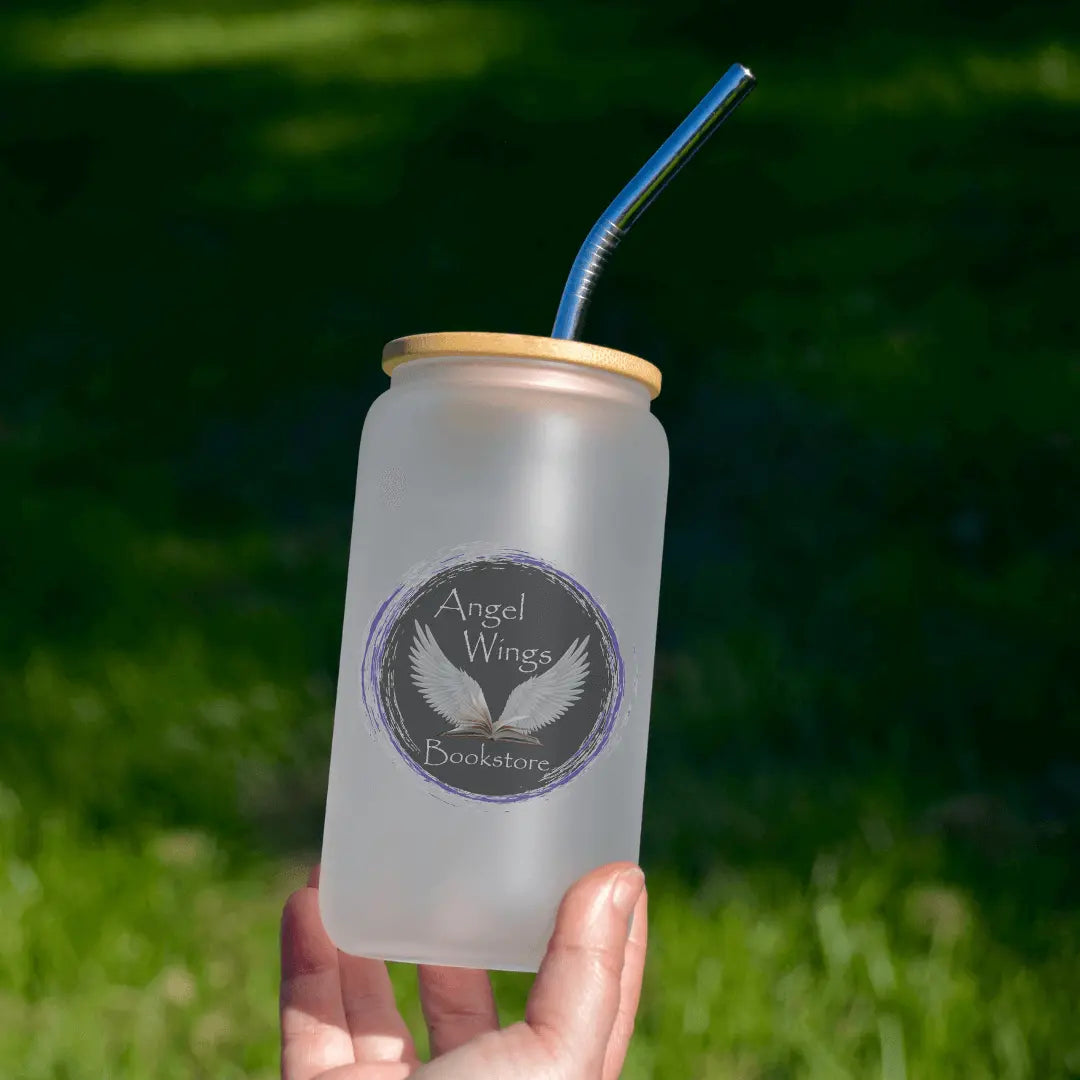 Winks Design Studio LLC Angel Wings Bookstore frosted glass beer mug with angel wing design, clear glass with frosted accents.