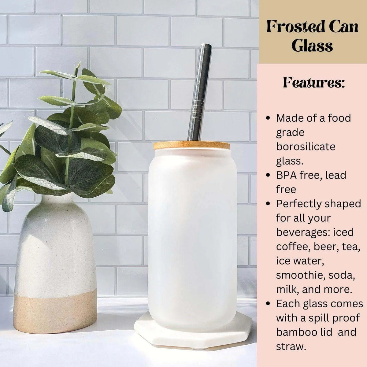 Custom 16oz frosted glass beer can from Winks Design Studio, LLC, with a sleek frosted finish and classic can shape.