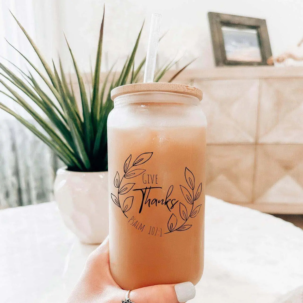 Give Thanks Psalm 107:1 glass beer mug by Winks Design Studio, 16 oz iced coffee glass with bamboo lid and straw.