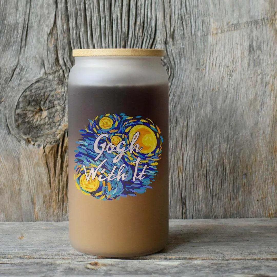 Winks Design Studio LLC Van Gogh 16oz glass beer can with artistic Van Gogh design and clear glass body.