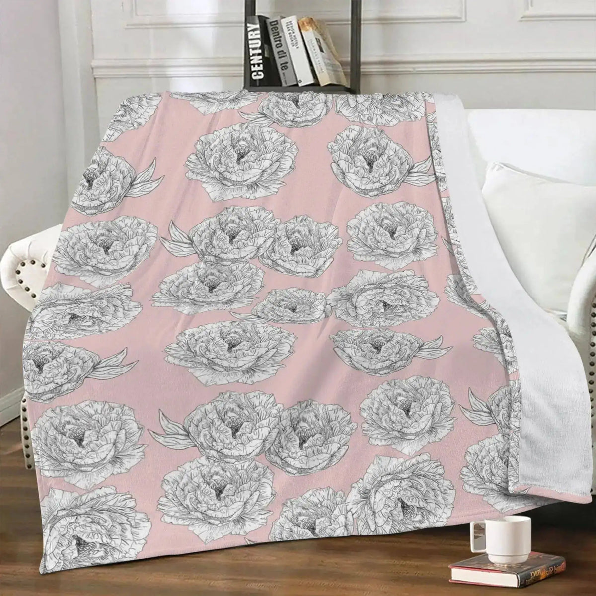 Pink peony flower blanket by Winks Design Studio featuring a soft, floral design on a cozy blanket.