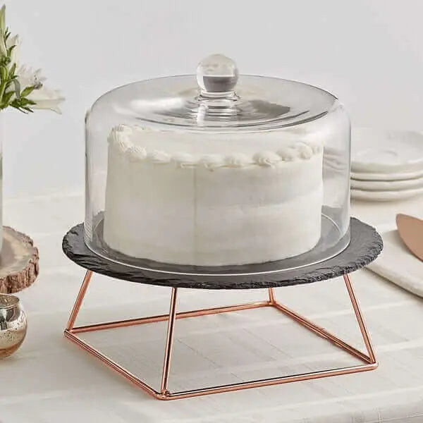 Personalized slate cake stand with rose gold riser from Winks Design Studio, LLC, featuring custom engraving and elegant design.
