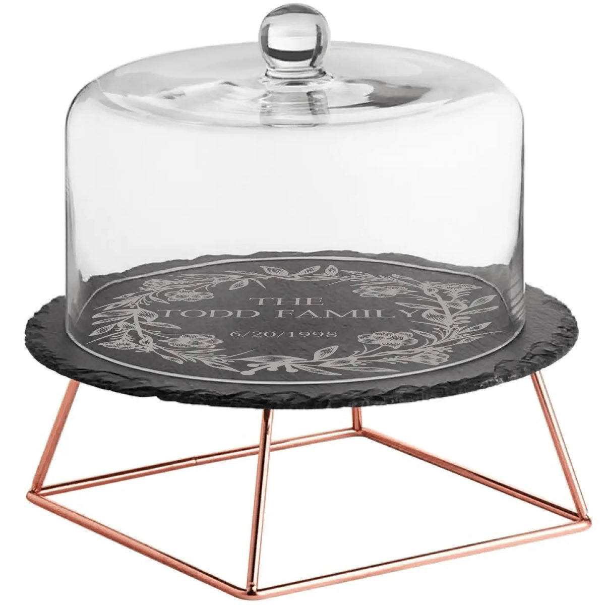 Personalized slate cake stand with rose gold riser from Winks Design Studio, LLC, featuring custom engraving and elegant cake display.