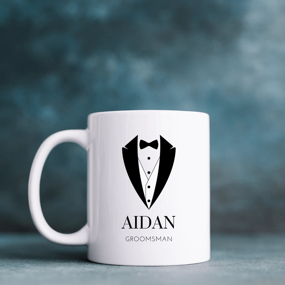 Customizable wedding party ceramic mug with an elegant tuxedo design by Winks Design Studio, LLC, perfect for special celebrations.