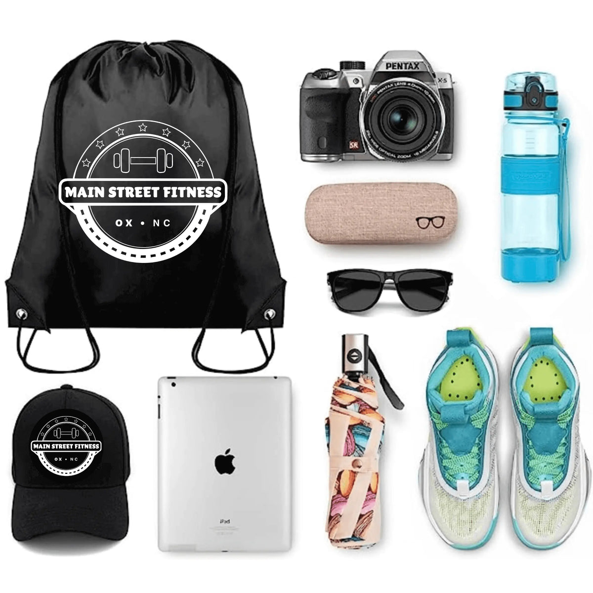 Black Main Street Fitness Drawstring Cinch Bag by Winks Design Studio, LLC, showing the lightweight, casual fabric and adjustable drawstrings.