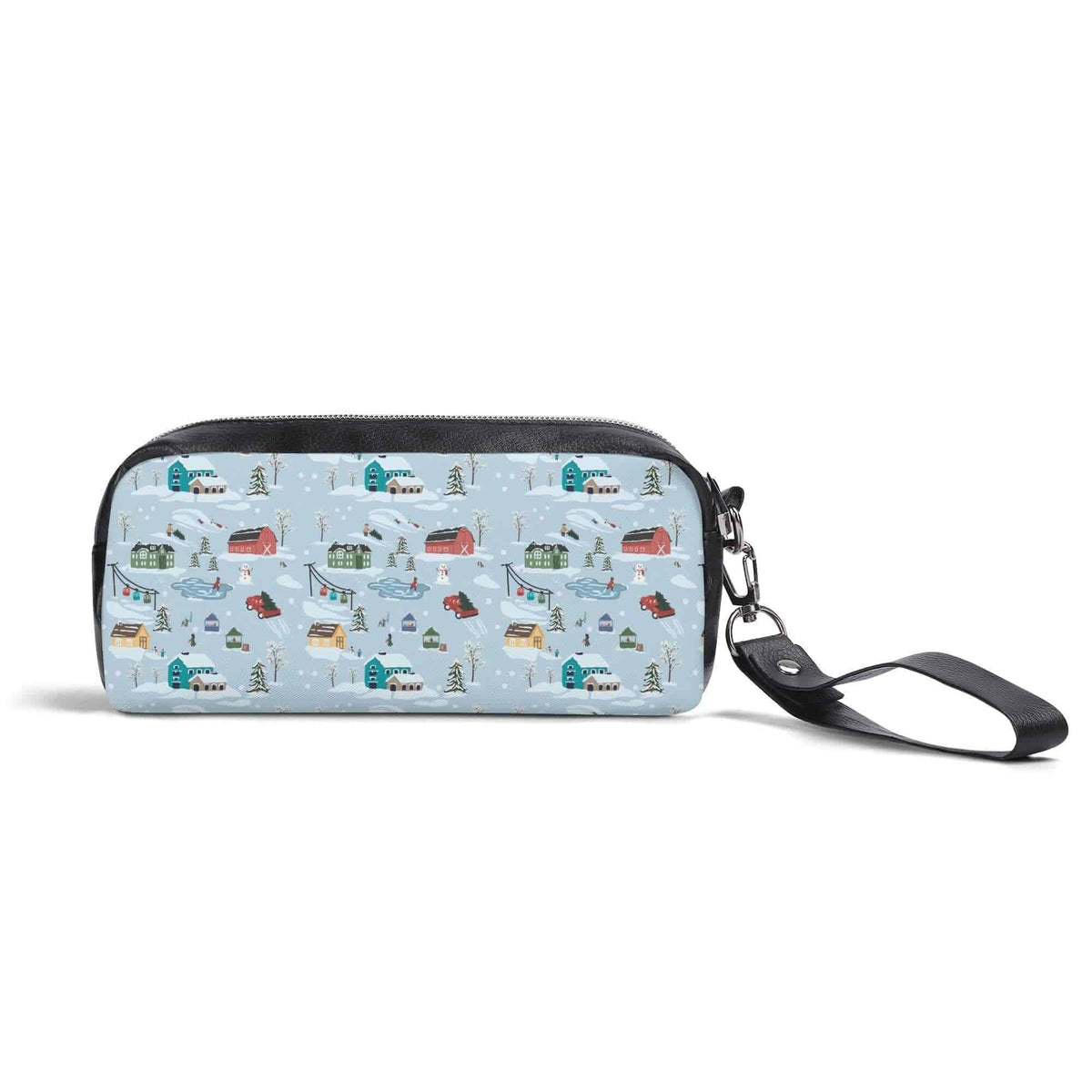 Christmas Village cosmetic bag by Winks Design Studio, LLC featuring festive holiday village print and compact storage space.