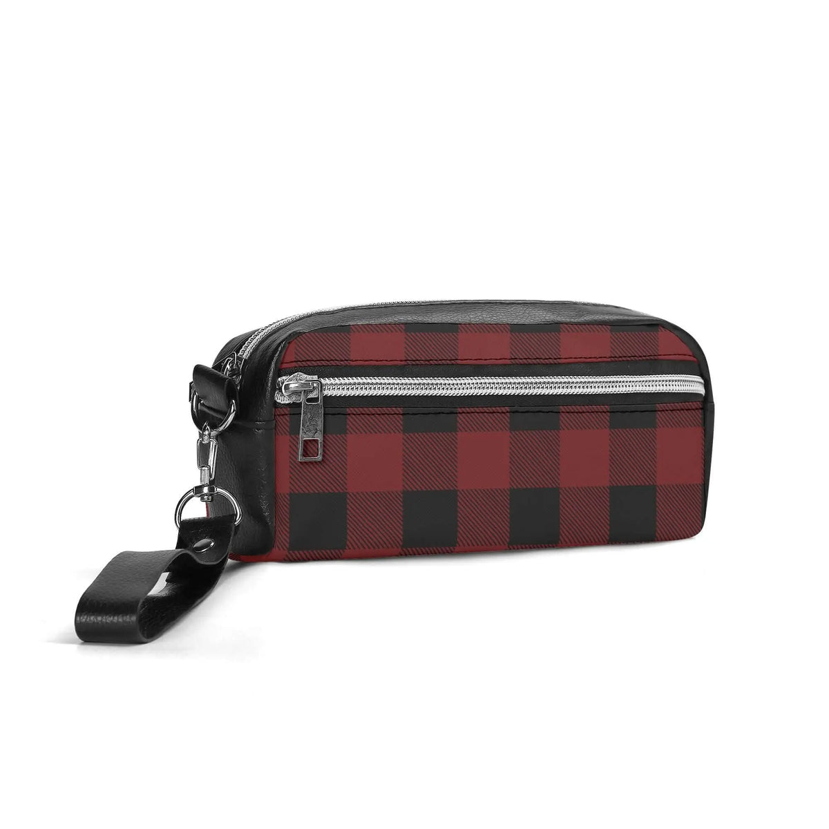 Red Buffalo Plaid cosmetic bag by Winks Design Studio, LLC, featuring a soft fabric exterior and zipper closure.