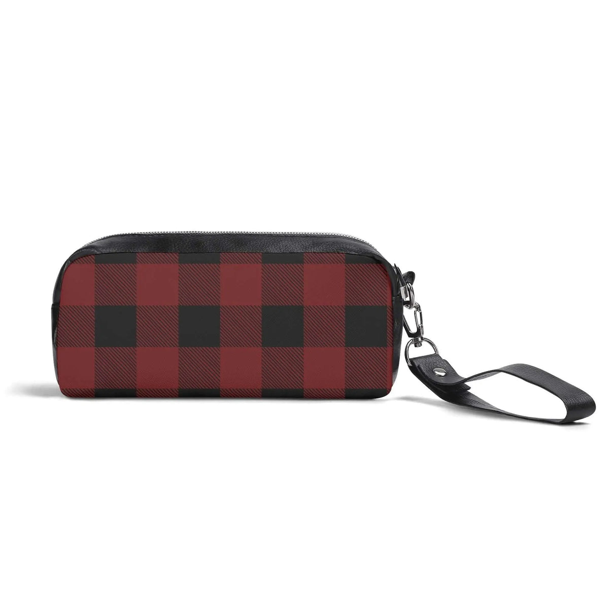 Red buffalo plaid cosmetic bag by Winks Design Studio, LLC with a zipper closure and soft fabric exterior.