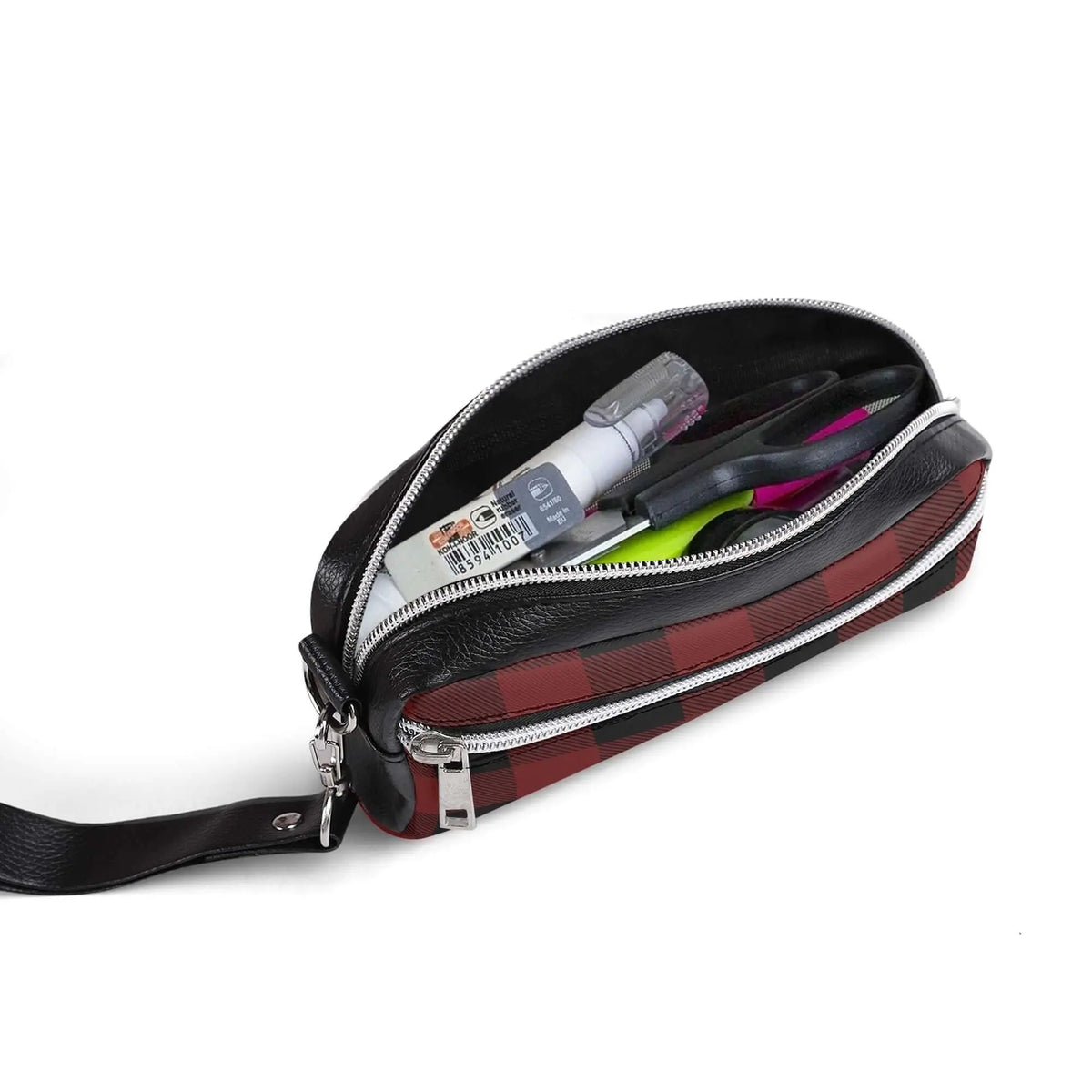 Red Buffalo Plaid cosmetic bag by Winks Design Studio, LLC featuring a soft fabric exterior and zipper closure.
